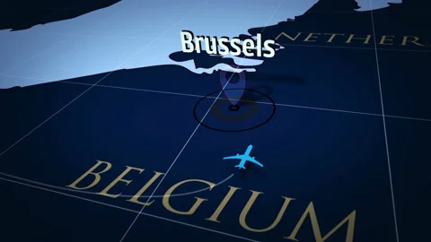 Brussels on blue map with plane Stock Footage 112581249