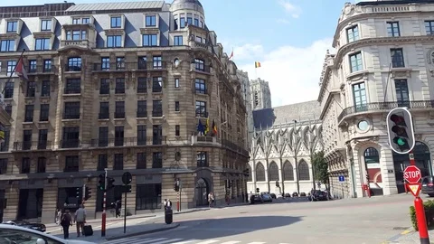 Brussels city center, Cathedral of St. Michael and St. Gudula, Belgium flag Stock Footage
