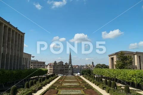 Brussels city skyline in Mont des Arts Garden, Brussels, Belgium. Stock Photos