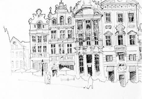 Brussels main square hand drawn architectural scetch Stock Illustration
