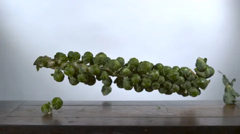 Brussels Sprouts falling in slow motion onto a cutting board Stock Footage 64709251
