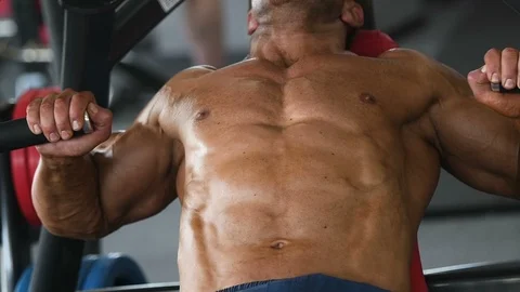 Brutal aged strong bodybuilder athletic men pumping up muscles with dumbbells Video stock 90952364