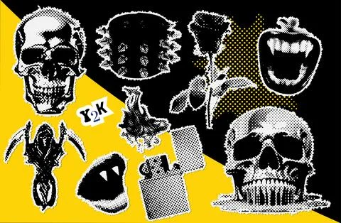 Brutal collage design elements set in dotted style. Retro halftone effect - Stock Illustration