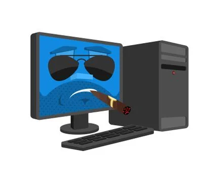 Brutal Computer Serious isolated. PC with cigar emoji Cartoon Style. Male dat イラスト素材