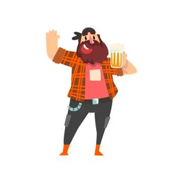 Brutal drunk man with mug of beer in his hand, male character drinking alcohol Stock Illustration