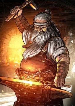 A brutal dwarf blacksmith forges a sword with a hammer, swinging for another  Illustration