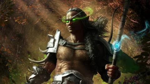 A brutal elf huntsman with a staff stands proudly on a hill, and looks menaci Stock Illustration