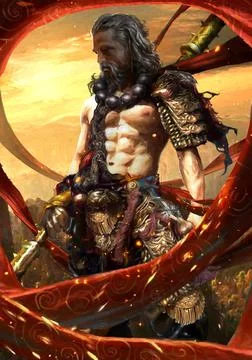 A brutal gray-haired warrior man with a muscular naked torso dressed in the A Иллюстрация