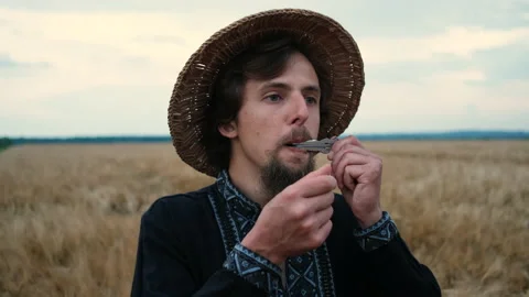 A brutal man with a beard and a straw hat in wheat plays an ancient instrument Video stock 136900905