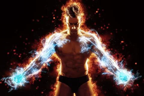 Brutal strong athletic Bodybuilder posing. Fire and spark explosion in the Foto stock