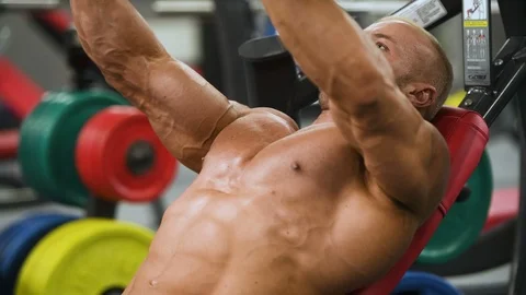 Brutal strong athletic men pumping up muscles workout bodybuilding Video stock 98479877