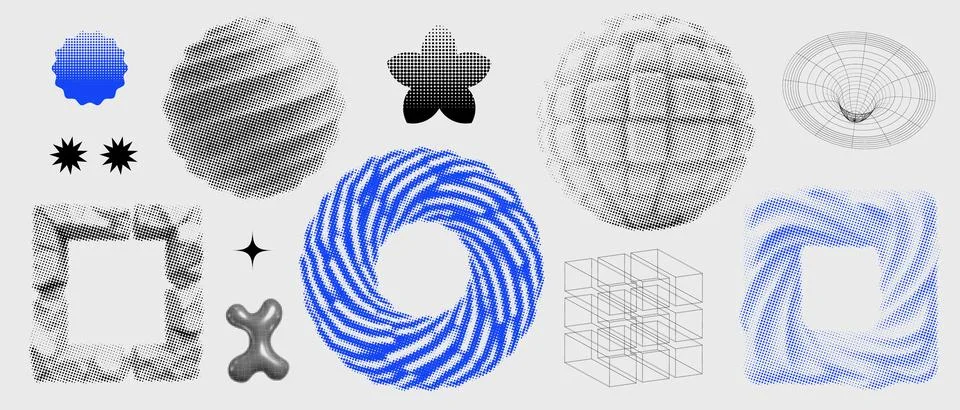 Brutalism 3d graphic elements set. Retro-futuristic grunge shapes for design Stock Illustration