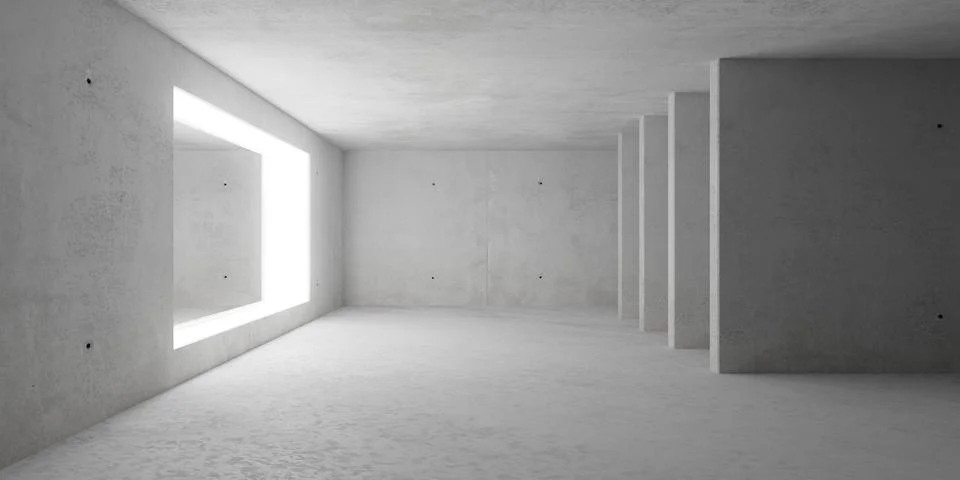 Brutalism empty room interior with rectangular light frame and divider wall.. 库存插图