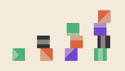 Brutalism style abstract vector cube towers simple set, bright 90 colors. Count Stock Illustration