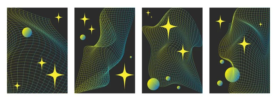 Brutalist abstract Geometric Gradient Grids, Spheres and Stars. Stock Illustration