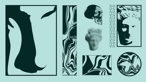 Brutalist classical collage with skull and fluid marble on aqua grid background Stock Illustration