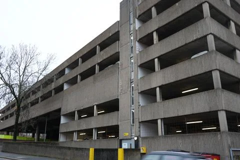 Brutalist Concrete Multi-story Car Park, Bare Trees, Overcast Sky, Nottingham Stock Photos