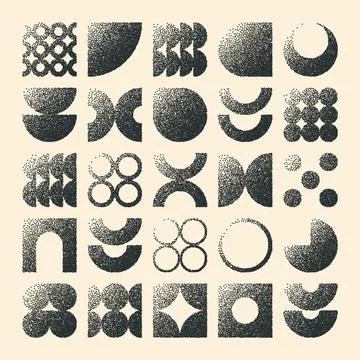 Brutalist geometric shapes, dotted objects. Stipple elements modern symbols Stock Illustration
