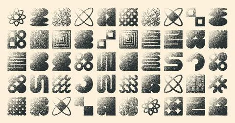 Brutalist geometric shapes, dotted objects. Stipple elements modern symbols Stock Illustration