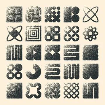 Brutalist geometric shapes, dotted objects. Stipple elements modern symbols Stock Illustration