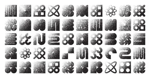 Brutalist geometric shapes, dotted objects. Stipple elements modern symbols Stock Illustration