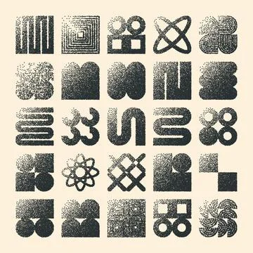 Brutalist geometric shapes, dotted objects. Stipple elements modern symbols Stock Illustration