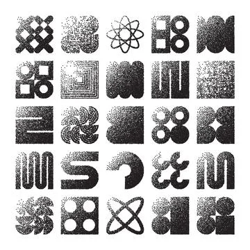 Brutalist geometric shapes, dotted objects. Stipple elements modern symbols Stock Illustration