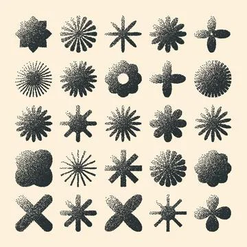 Brutalist geometric shapes, dotted objects. Stipple elements modern symbols Stock Illustration