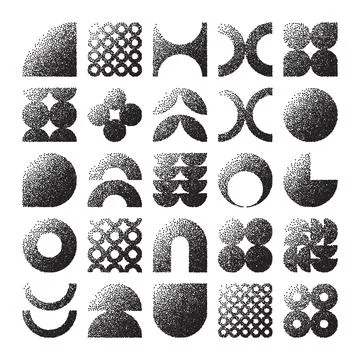 Brutalist geometric shapes, dotted objects. Stipple elements modern symbols Stockillustratie