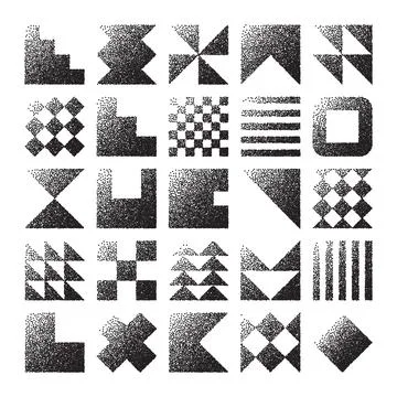 Brutalist geometric shapes, dotted objects. Stipple elements modern symbols Illustrazione stock