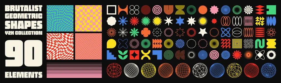 Brutalist geometric shapes, modern symbols. Groovy checkered pattern, distorted Stock Illustration