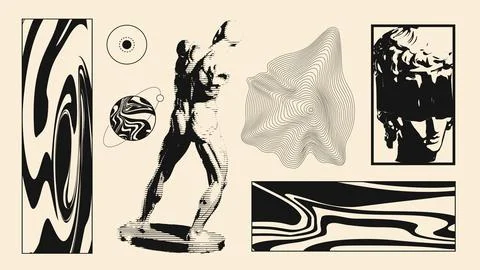 Brutalist myth collage with heroic statue, planets and blindfolded marble bust Stock Illustration