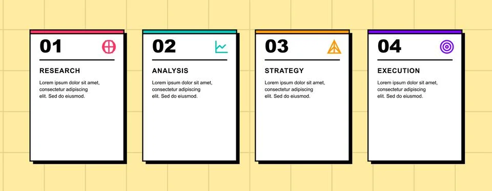 Brutalist Process Cards Vector Template Stock Illustration