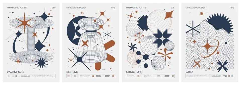 Brutalist style vector minimalistic Posters with strange wireframes graphic.. Stock Illustration
