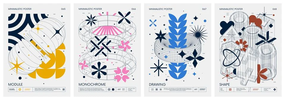 Brutalist style vector minimalistic Posters with strange wireframes graphic.. Stock Illustration
