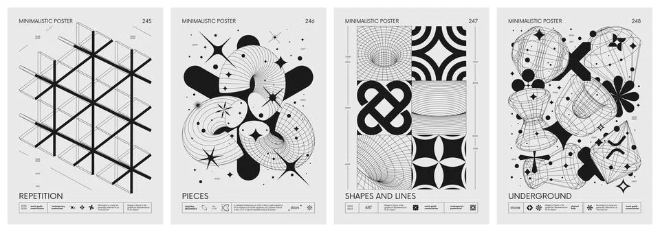 Brutalist style vector minimalistic Posters with silhouette basic figures, .. Stock Illustration