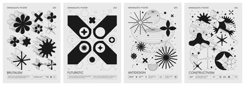Brutalist style vector minimalistic Posters with silhouette basic figures, .. Stock Illustration
