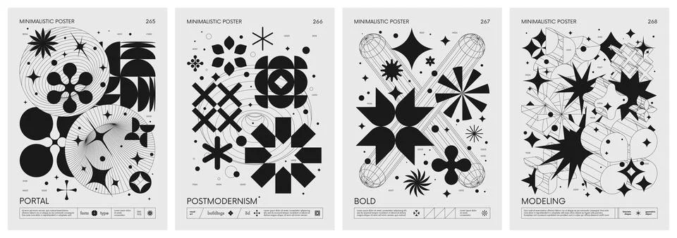 Brutalist style vector minimalistic Posters with silhouette basic figures, .. Stock Illustration