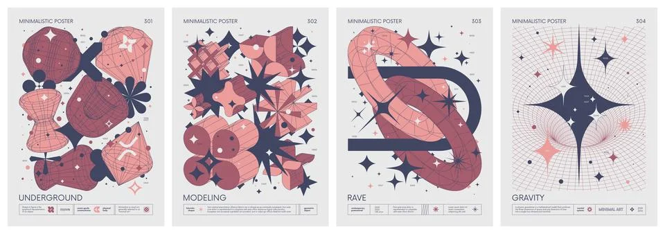 Brutalist style vector minimalistic Posters with silhouette basic figures, .. Stock-Illustration