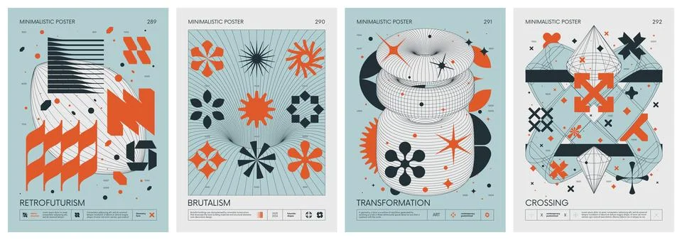Brutalist style vector minimalistic Posters with silhouette basic figures, .. Stock Illustration