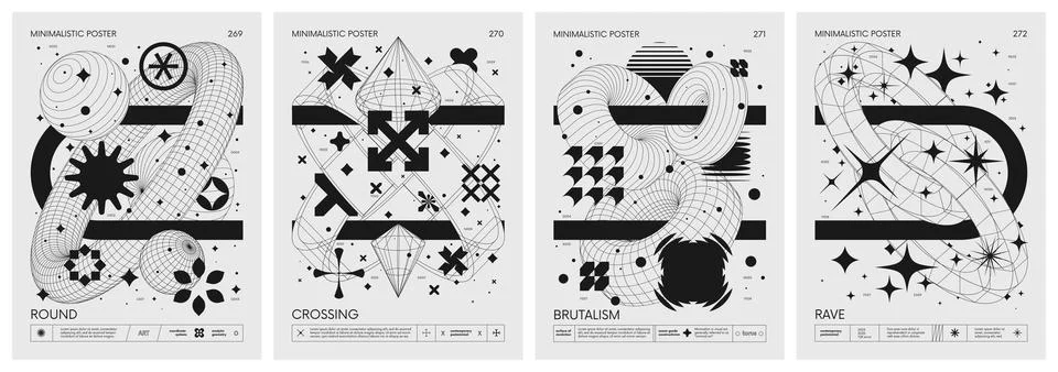 Brutalist style vector minimalistic Posters with silhouette basic figures, .. Stock Illustration