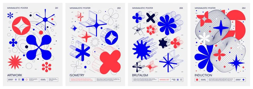 Brutalist style vector minimalistic Posters with silhouette basic figures, .. Stock Illustration