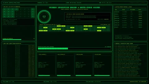 Brute Force Cipher Decryption Engine Green HUD Animation. 스톡 동영상 346968671