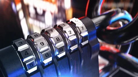 Brute force opening of combination lock, hacking attack, security breach Stockbeeldmateriaal 123848354