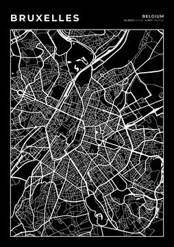 Bruxelles Map Wall Art Frame, Cartography Map Print, City Layout Map Stock Illustration