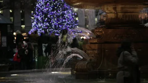 Bryant Park Fountain - Medium with Tree in BG - Night Stock Footage 14059308