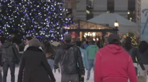 Bryant Park Ice Skating - Tree in BG  - Night  01 (NO GRADING) Stock Footage 14073026