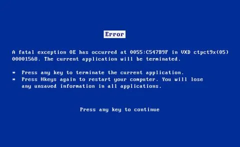 BSOD screen old 98 error crash software. Bluescreen death system pc bug, bsod Stock Illustration