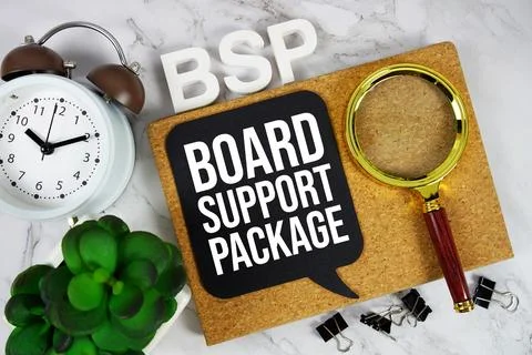 BSP - Board Support Package acronym with calculator, alarm clock and magnif.. Foto stock