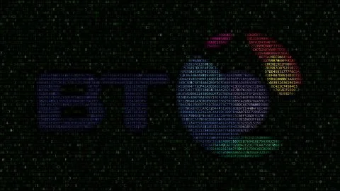 BT Group logo made of hexadecimal symbols on computer screen. Editorial 3D 库存插图